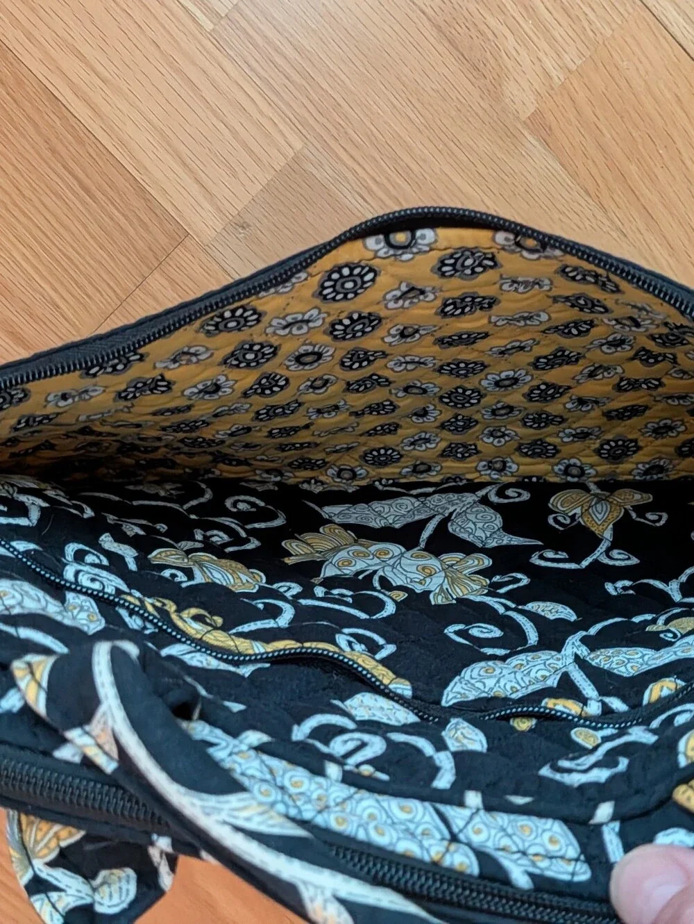 Vera Bradley Black Floral Quilted Laptop Tote with Yellow Accents 15”/ 12”